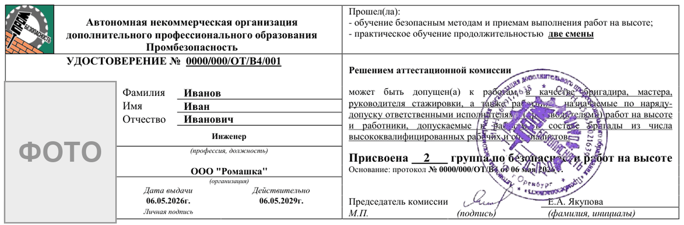 Образец удостоверения о допуске к работам на высоте 2 группы — АНО ДПО «Промбезопасность»